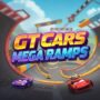 Cartoon red and purple sports cars racing on giant, colorful mega ramps in a blue sky setting. GT Cars Mega Ramps game.