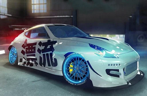 Orange sports car speeding on a highway in a car racing game with blue sky and trees in the background