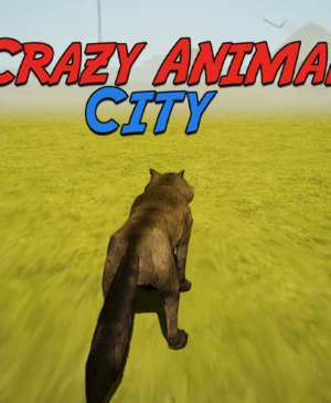 Vibrant and whimsical Crazy Animal City game illustration featuring diverse cartoon animals, colorful buildings, and the prominent 