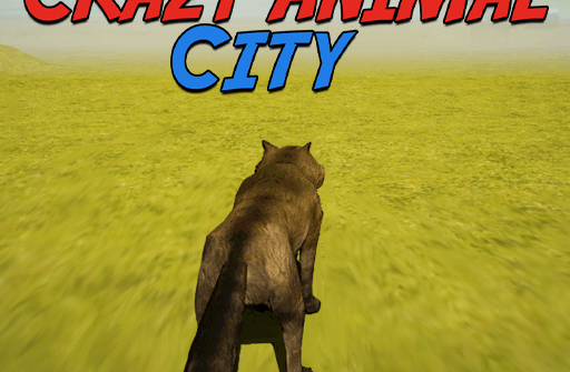 Vibrant and whimsical Crazy Animal City game illustration featuring diverse cartoon animals, colorful buildings, and the prominent 