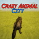 Vibrant and whimsical Crazy Animal City game illustration featuring diverse cartoon animals, colorful buildings, and the prominent 