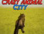 Vibrant and whimsical Crazy Animal City game illustration featuring diverse cartoon animals, colorful buildings, and the prominent 