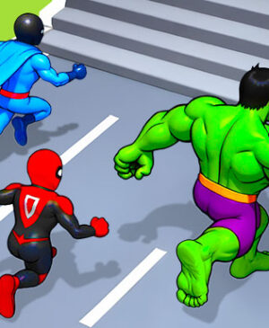 “Hero Transform Race 3D game scene showing a runner mid-transformation into a superhero character on a neon-lit obstacle course”