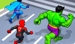 “Hero Transform Race 3D game scene showing a runner mid-transformation into a superhero character on a neon-lit obstacle course”