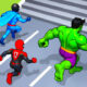 “Hero Transform Race 3D game scene showing a runner mid-transformation into a superhero character on a neon-lit obstacle course”