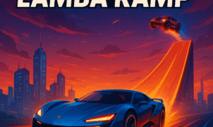 Mega Lamba Ramp stunt racing car launching off neon mega ramp track in a high-speed futuristic cityscape