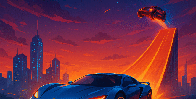 Mega Lamba Ramp stunt racing car launching off neon mega ramp track in a high-speed futuristic cityscape