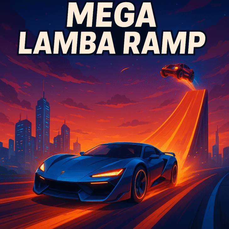 Mega Lamba Ramp stunt racing car launching off neon mega ramp track in a high-speed futuristic cityscape