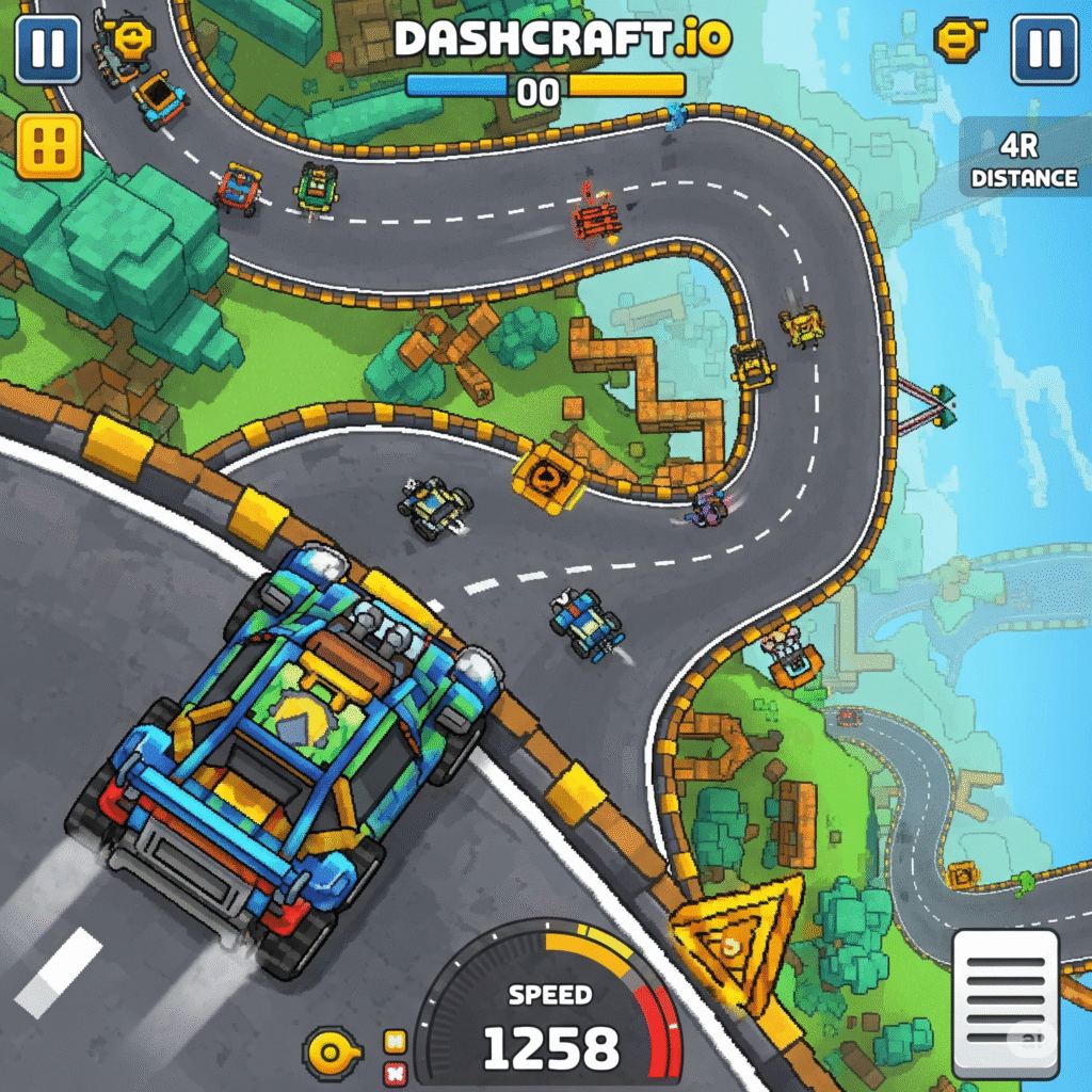 Customizable car racing in Dashcraft.io, featuring pixel art vehicles on dynamic tracks.