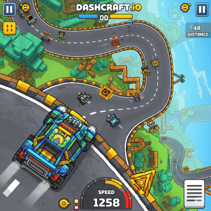 Customizable car racing in Dashcraft.io, featuring pixel art vehicles on dynamic tracks.