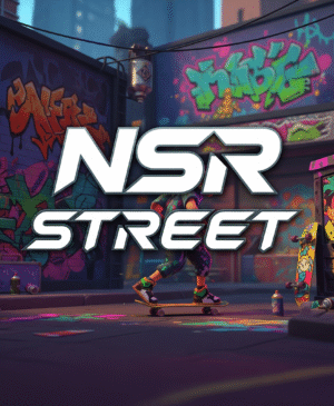 High‑octane NSR Street urban drift race scene with neon‑lit cityscape and muscle cars tearing through asphalt”