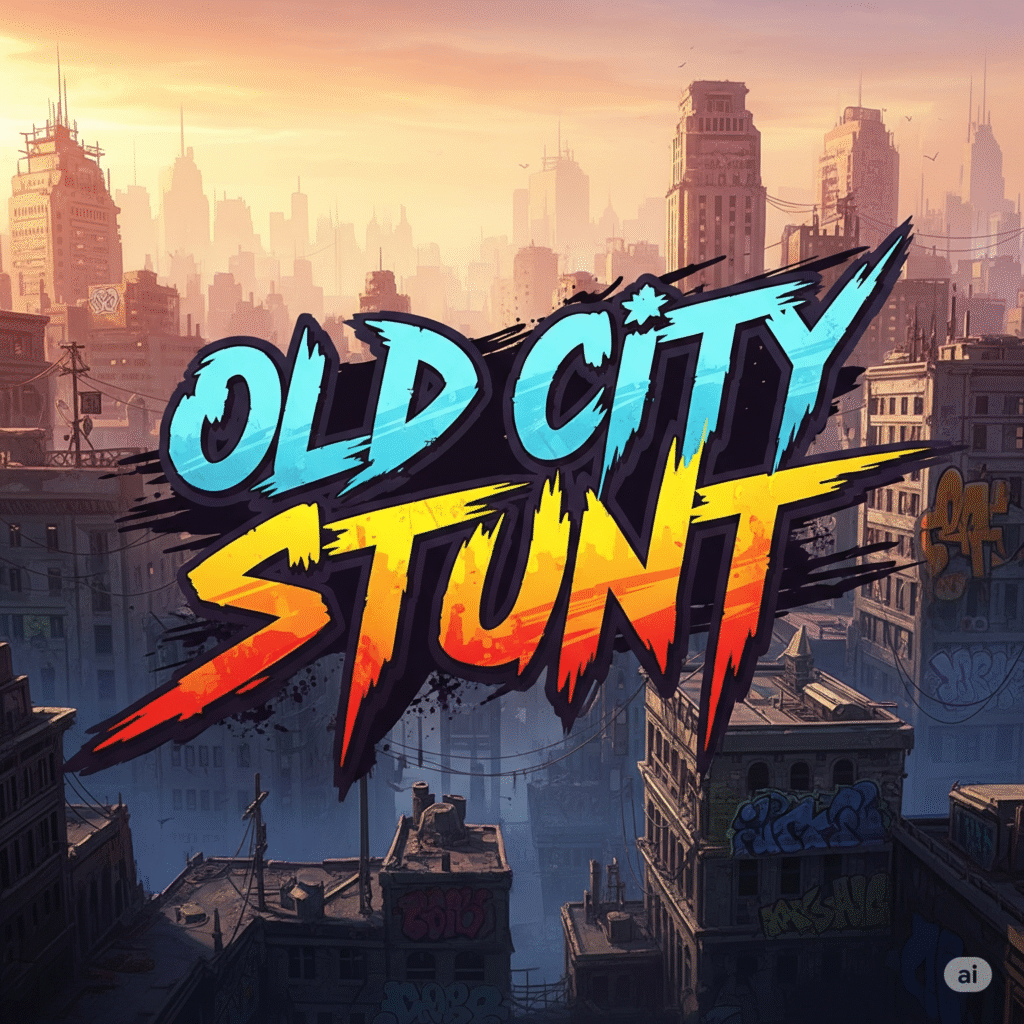 Old City Stunt game title screen, urban street racing game, graffiti art, stunt driving, high-octane action, city backdrop, video game artwork.