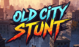 Old City Stunt game title screen, urban street racing game, graffiti art, stunt driving, high-octane action, city backdrop, video game artwork.