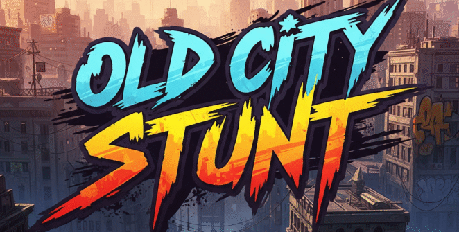 Old City Stunt game title screen, urban street racing game, graffiti art, stunt driving, high-octane action, city backdrop, video game artwork.