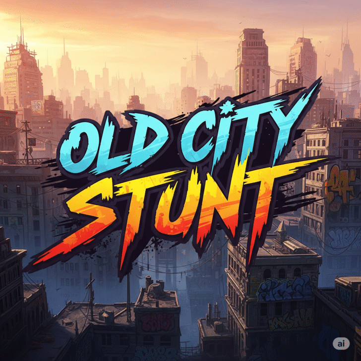 Old City Stunt game title screen, urban street racing game, graffiti art, stunt driving, high-octane action, city backdrop, video game artwork.
