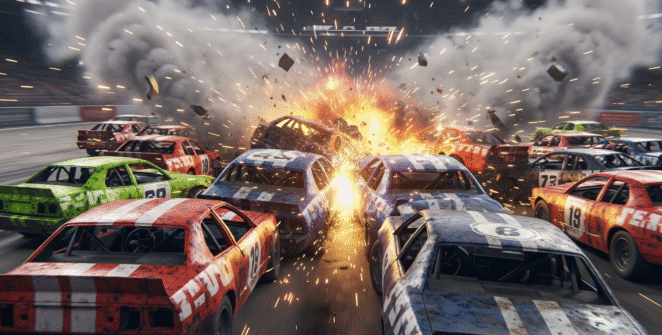 Demolition Derby Racing action: intense car battles and destruction in thrilling derby arena with vehicle combat and wrecks.