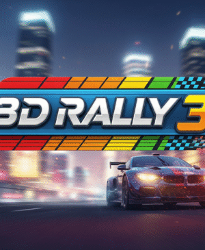 3D Rally 3 game screenshot featuring a red rally car speeding across dusty off‑road desert terrain under a vibrant sunset sky
