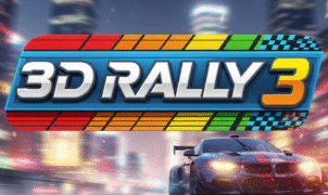 3D Rally 3 game screenshot featuring a red rally car speeding across dusty off‑road desert terrain under a vibrant sunset sky