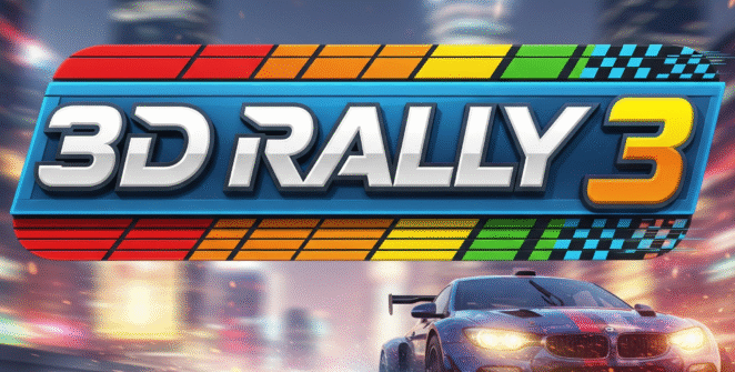 3D Rally 3 game screenshot featuring a red rally car speeding across dusty off‑road desert terrain under a vibrant sunset sky