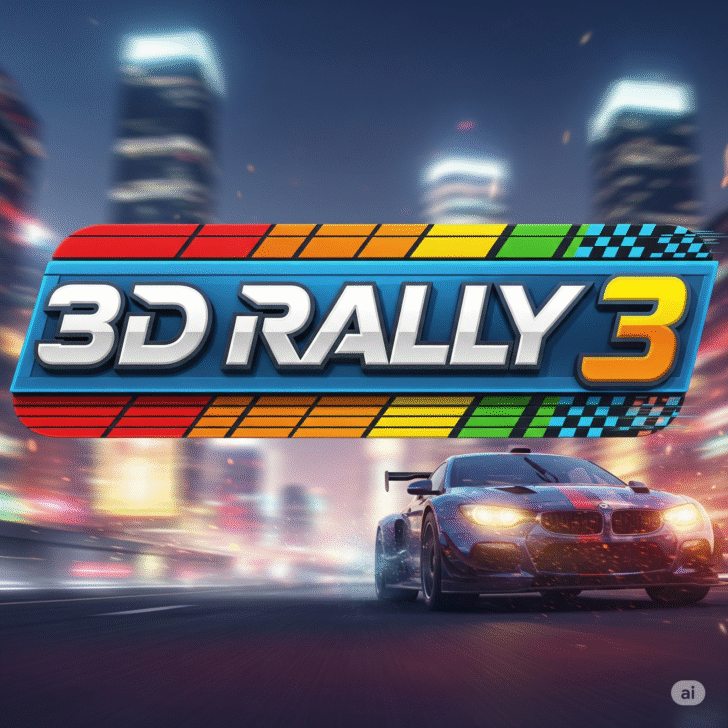 3D Rally 3 game screenshot featuring a red rally car speeding across dusty off‑road desert terrain under a vibrant sunset sky
