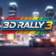 3D Rally 3 game screenshot featuring a red rally car speeding across dusty off‑road desert terrain under a vibrant sunset sky