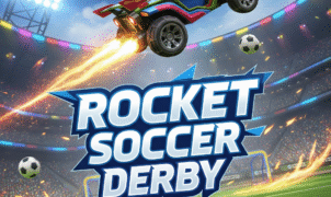 A dynamic Rocket Soccer Derby game title card showcasing a futuristic rocket-powered car in mid-air above a vibrant, neon-lit stadium. The image captures the high-energy, fast-paced action of vehicular soccer, featuring competitive gameplay, customizable cars, and multiplayer fun. Ideal for esports enthusiasts and online gaming communities.