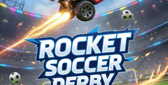 A dynamic Rocket Soccer Derby game title card showcasing a futuristic rocket-powered car in mid-air above a vibrant, neon-lit stadium. The image captures the high-energy, fast-paced action of vehicular soccer, featuring competitive gameplay, customizable cars, and multiplayer fun. Ideal for esports enthusiasts and online gaming communities.