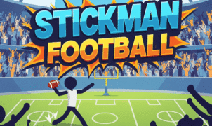 Dynamic Stickman Football game title screen featuring a stick figure athlete, vibrant stadium, and bold 'Stickman Football' logo. Ideal for mobile sports games and casual gaming.