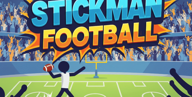 Dynamic Stickman Football game title screen featuring a stick figure athlete, vibrant stadium, and bold 'Stickman Football' logo. Ideal for mobile sports games and casual gaming.