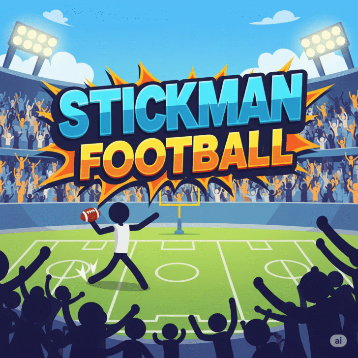 Dynamic Stickman Football game title screen featuring a stick figure athlete, vibrant stadium, and bold 'Stickman Football' logo. Ideal for mobile sports games and casual gaming."