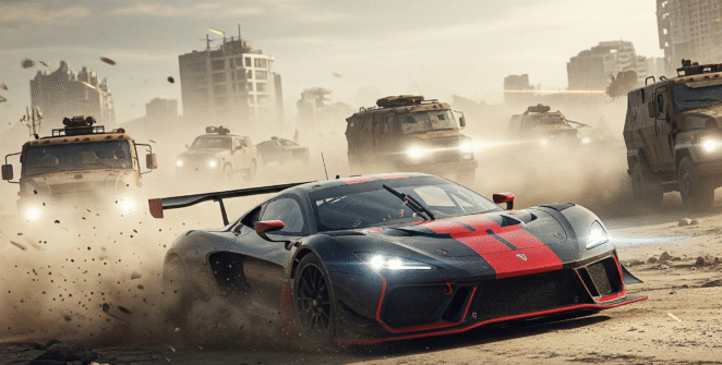 High-speed action in a survival racing game where players push their cars to the limit in an extreme driving challenge, competing for victory.
