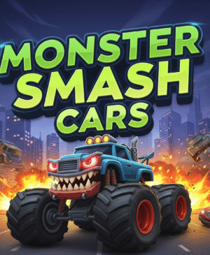 Monster Smash Cars game art, vibrant monster truck, mobile gaming, vehicle combat, destruction derby