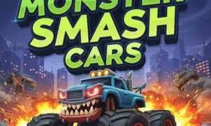 Monster Smash Cars game art, vibrant monster truck, mobile gaming, vehicle combat, destruction derby