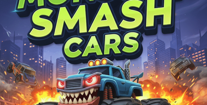 Monster Smash Cars game art, vibrant monster truck, mobile gaming, vehicle combat, destruction derby
