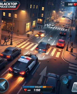 High-speed urban police pursuit in Blacktop: Police Chase featuring a red sports car evading multiple squad cars on city streets.