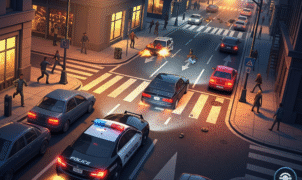 High-speed urban police pursuit in Blacktop: Police Chase featuring a red sports car evading multiple squad cars on city streets.