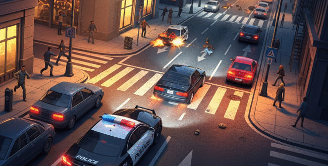 High-speed urban police pursuit in Blacktop: Police Chase featuring a red sports car evading multiple squad cars on city streets.
