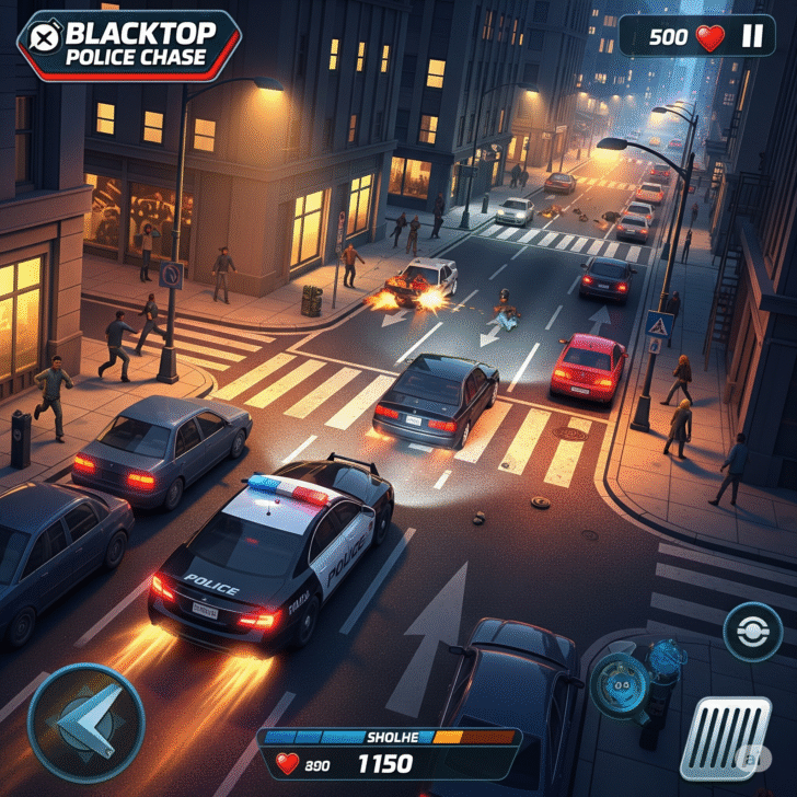 High-speed urban police pursuit in Blacktop: Police Chase featuring a red sports car evading multiple squad cars on city streets.