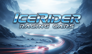 IceRider Racing Cars game art, ice racing, futuristic cars, extreme sports, mobile game" "Dynamic 'IceRider Racing Cars' title, high-speed action, frozen tracks, arcade racing, immersive gameplay