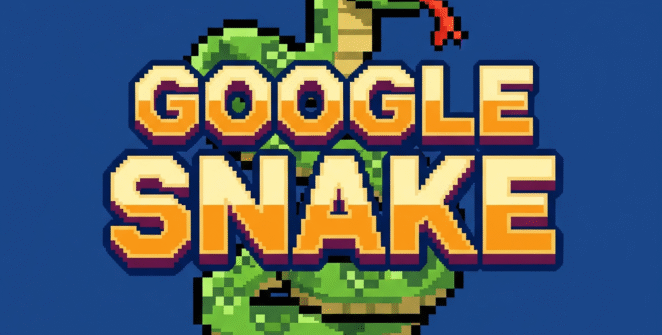 Classic Google Snake game logo with pixel art design, retro gaming, arcade style