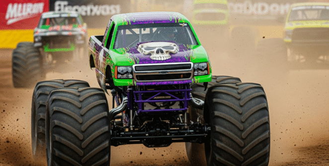 Offroad monster truck racing through rugged terrain in Trucks Race game