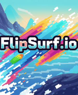 Dynamic pixel art 'FlipSurf.io' game title with vibrant colors and abstract shapes, conveying movement and a fun, futuristic gaming experience.