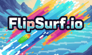 Dynamic pixel art 'FlipSurf.io' game title with vibrant colors and abstract shapes, conveying movement and a fun, futuristic gaming experience.