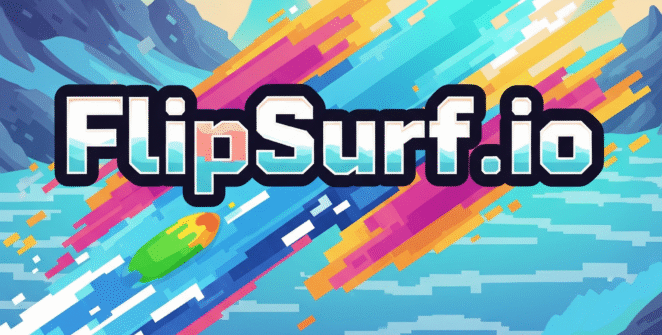 Dynamic pixel art 'FlipSurf.io' game title with vibrant colors and abstract shapes, conveying movement and a fun, futuristic gaming experience.