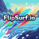 Dynamic pixel art 'FlipSurf.io' game title with vibrant colors and abstract shapes, conveying movement and a fun, futuristic gaming experience.