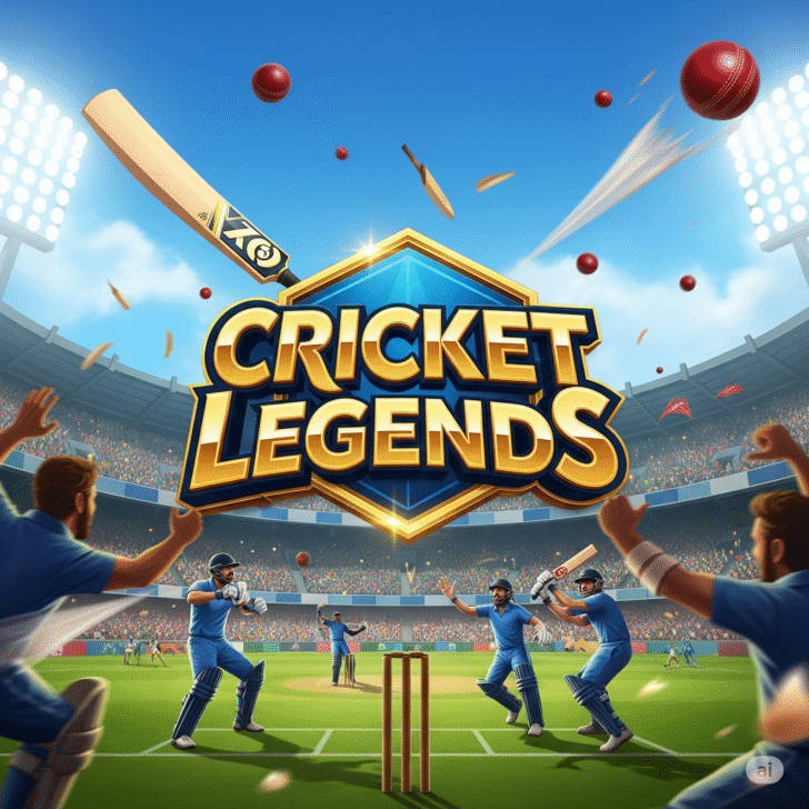 Dynamic illustration of "Cricket Legends" game title with a golden finish, set against a vibrant cricket stadium, featuring players, bats, and balls in action.