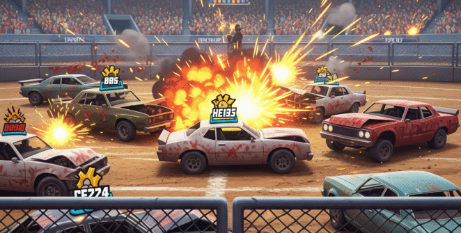 Intense car crash action in Demolition Derby Life game, featuring muscle cars colliding in high-impact destruction derby battles.
