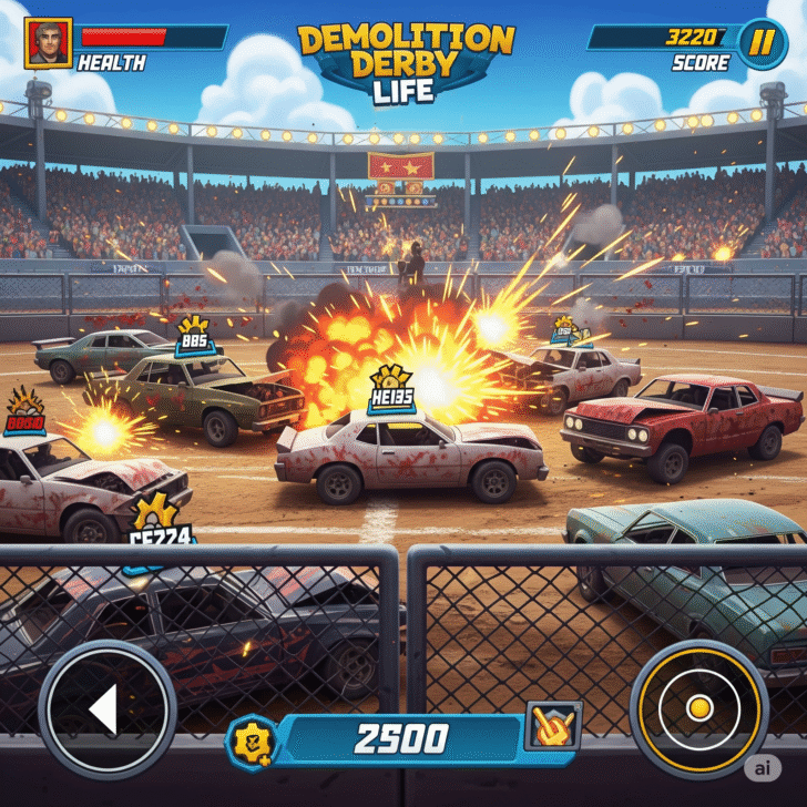 Intense car crash action in Demolition Derby Life game, featuring muscle cars colliding in high-impact destruction derby battles.