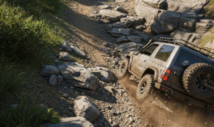 Offroad Climb 4x4 truck powering up a steep muddy hill on rocky off-road terrain