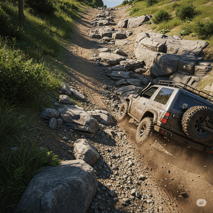 Offroad Climb 4x4 truck powering up a steep muddy hill on rocky off-road terrain